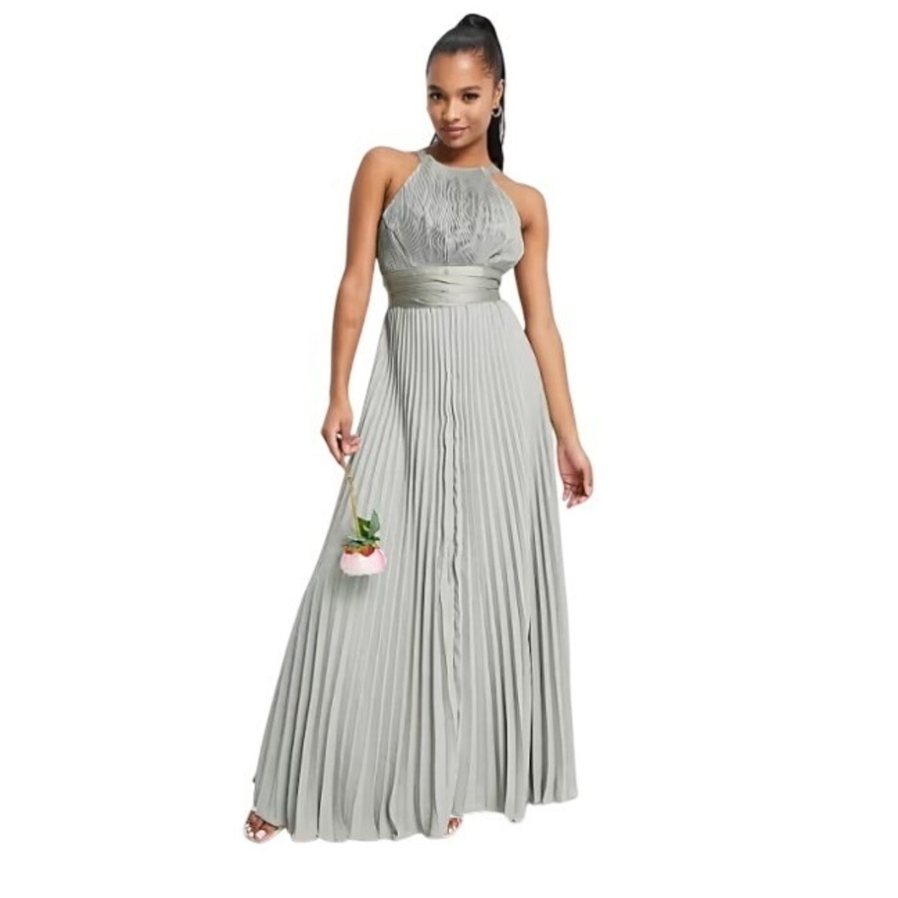 Asos Petite Bridesmaid Pleated Pinny Maxi Dress Satin Wrap Waist Olive‎ 6P
